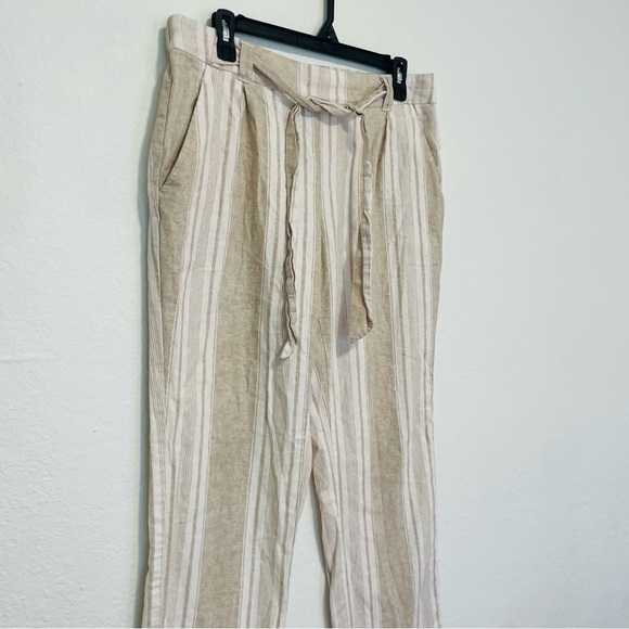 SOHO woman Striped Tan and White trousers MED front tie linen beach lightweight - Picture 3 of 10